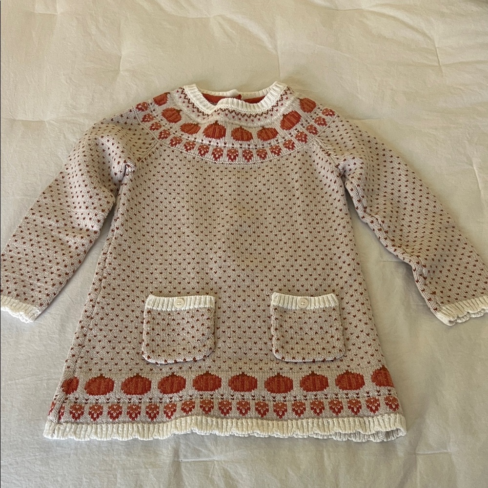 Cream & Rust Knit Sweater Dress with Pumpkin Motif